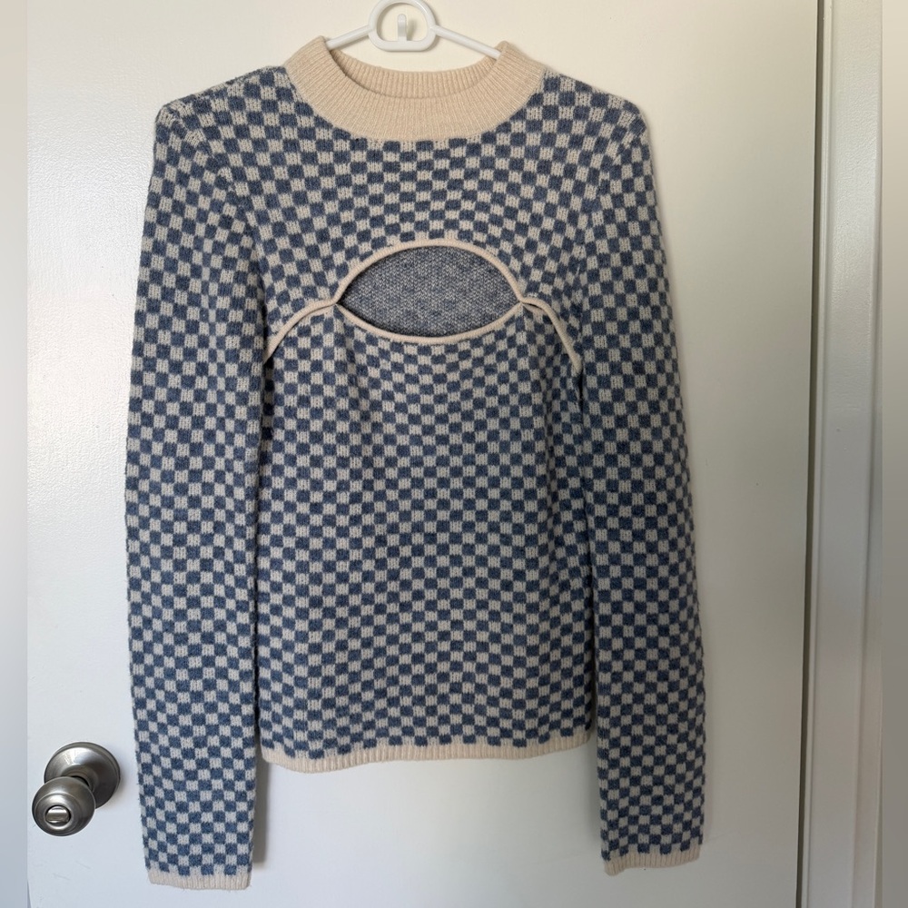 OAK + FORT Blue and Cream Checkered Crew Neck Sweater